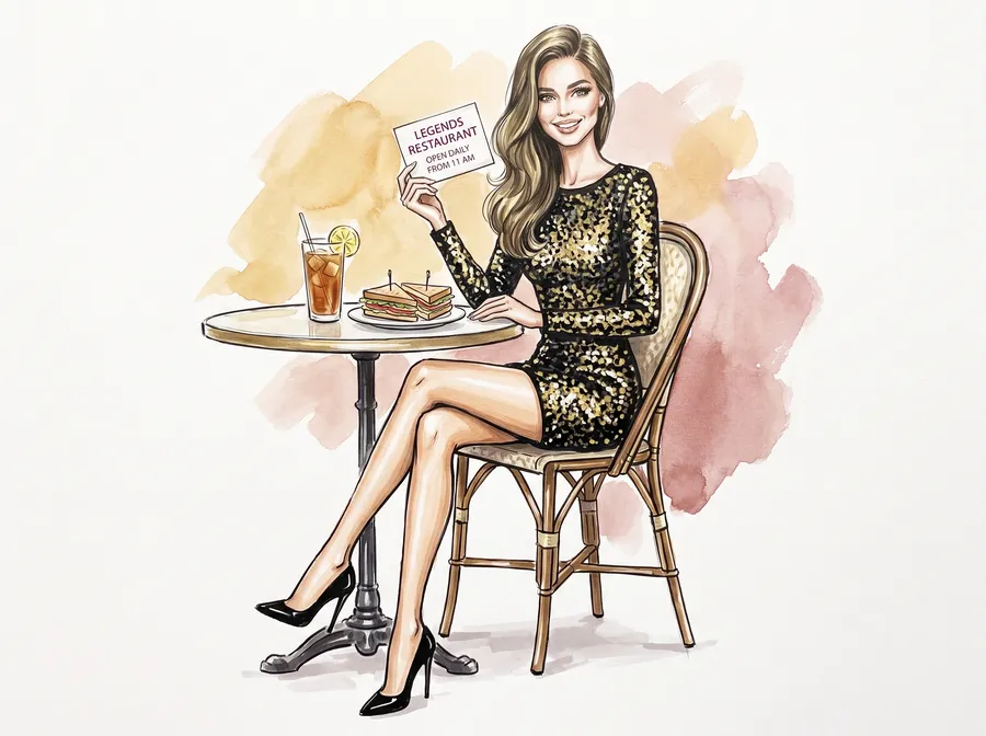 Fashion drawing: the site character sits at a small café table with a club sandwich and an iced tea, holding up a card that reads Legends Restaurant, open daily from 11 AM.